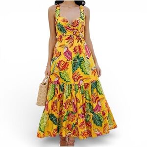 Farm Rio Maxi Dress Beaks & Bananas Yellow Multi Size XS